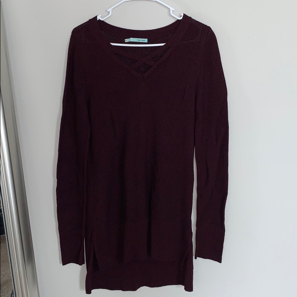 maroon maurices sweater with crisscross vneck